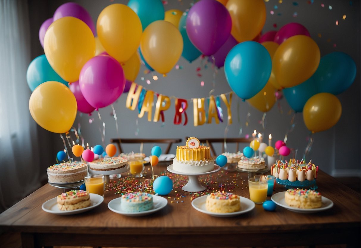 A colorful party banner hangs above a table filled with birthday decorations and presents. Balloons and confetti cover the floor, and a birthday cake with candles sits in the center of the table