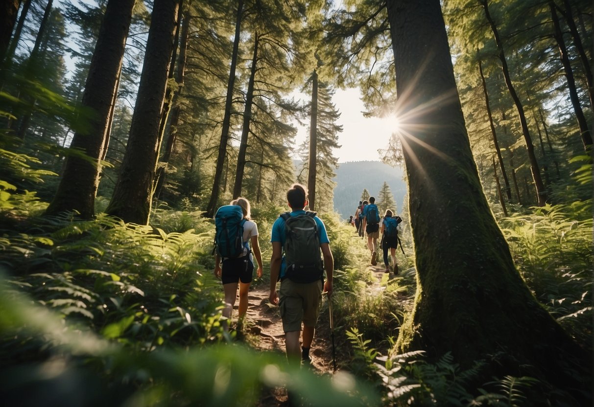 A group of people are hiking through a lush forest, with a clear blue sky overhead. Some are carrying backpacks and others are taking photos of the beautiful scenery