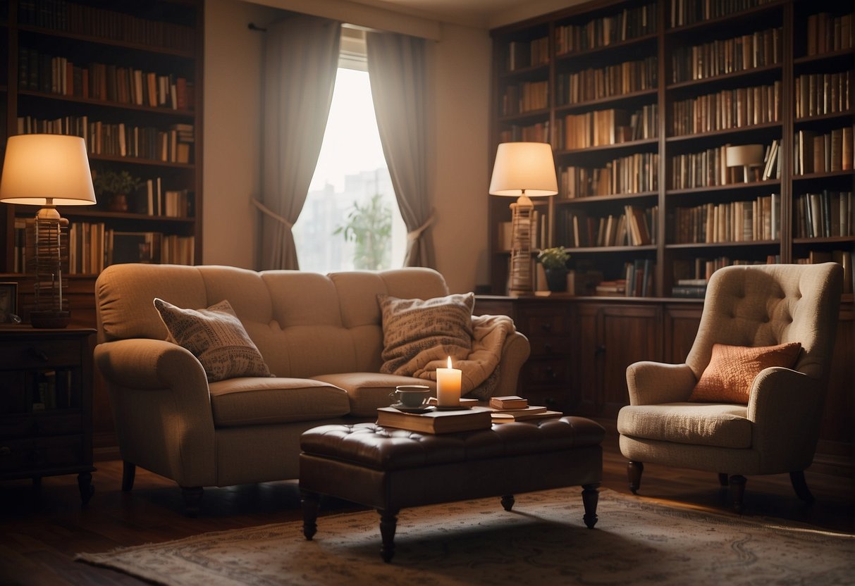 A cozy living room with soft lighting, a crackling fireplace, and a comfortable armchair. A bookshelf filled with well-loved novels and a steaming cup of tea on a side table