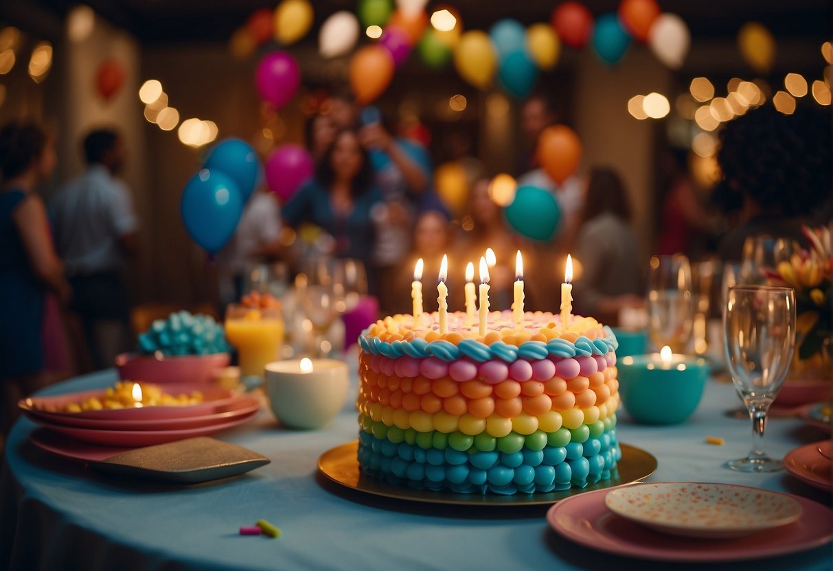 A colorful array of party decorations and a large cake with "48" candles, surrounded by friends and family, with laughter and music filling the air