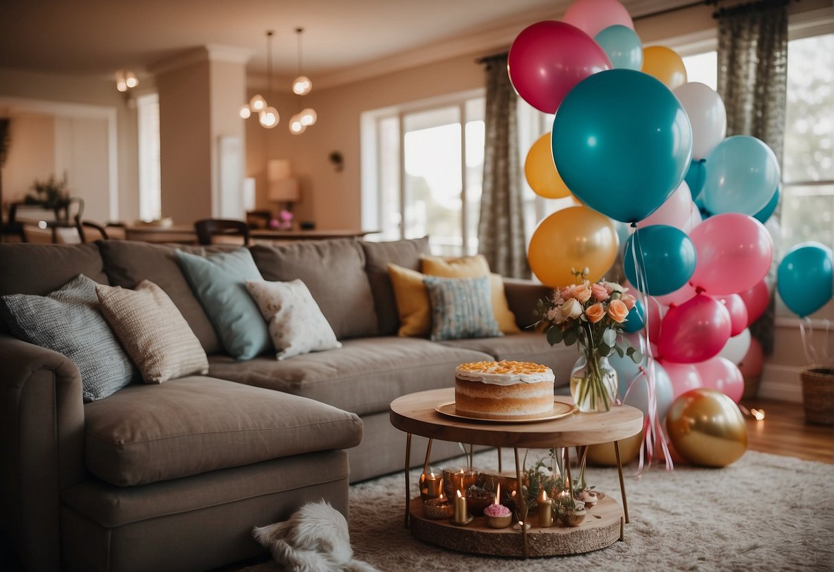 A cozy living room adorned with balloons and streamers. A table set with a personalized cake and family photos. Guests mingle and laugh, sharing memories of the birthday honoree