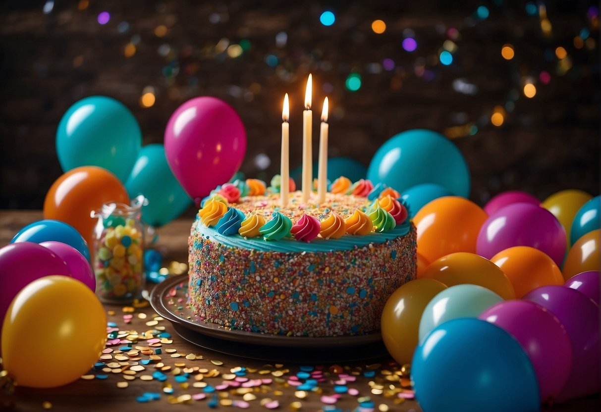 A colorful cake surrounded by balloons and confetti, with a "49" candle lit in the center. Gifts and cards are scattered around the table