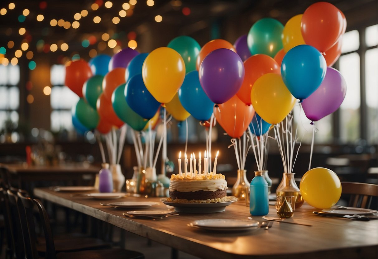 Colorful balloons fill the room, while a banner reads "Happy 49th Birthday!" Tables are set with festive decorations, and a cake with lit candles awaits