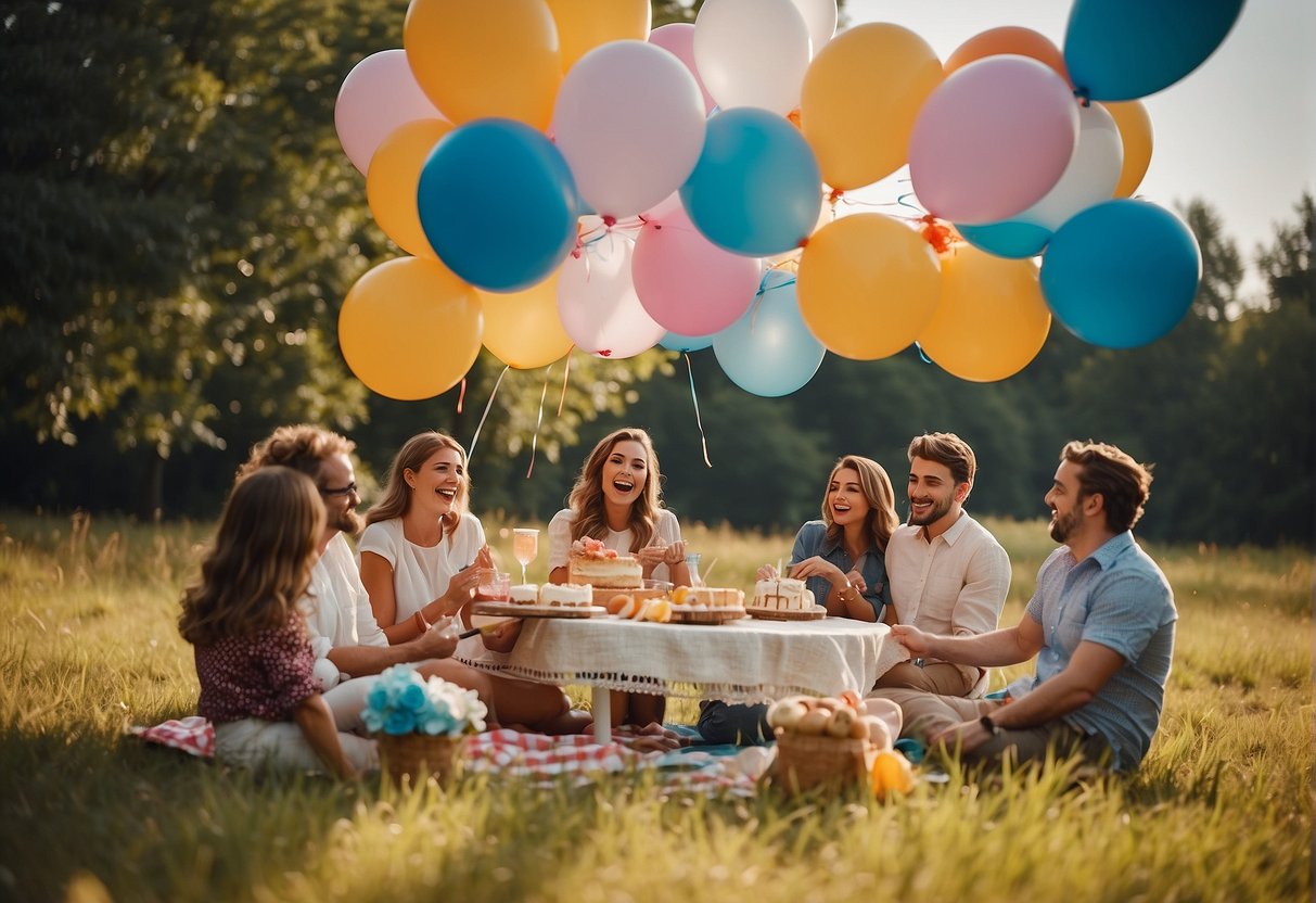 A colorful outdoor picnic with balloons, cake, and presents. People laughing and playing games, surrounded by nature and sunshine