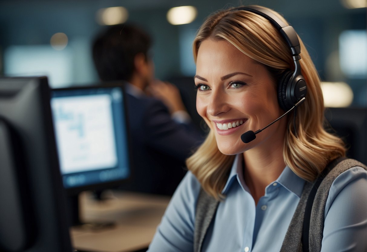 A customer service representative using advanced technology to assist a customer with a smile