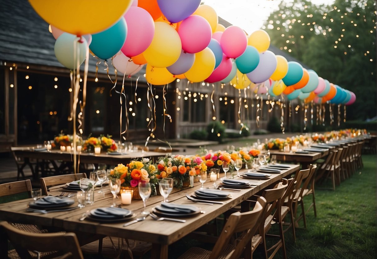 A colorful array of balloons and streamers adorn the outdoor space, while tables are set with elegant centerpieces and flickering candles. Laughter and music fill the air as guests mingle and enjoy the festive atmosphere