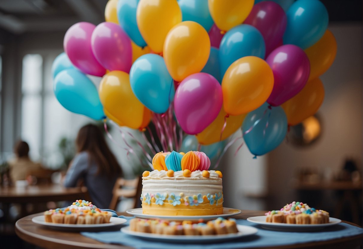 A colorful balloon bouquet floats above a table set with a cake and presents, surrounded by happy friends and family