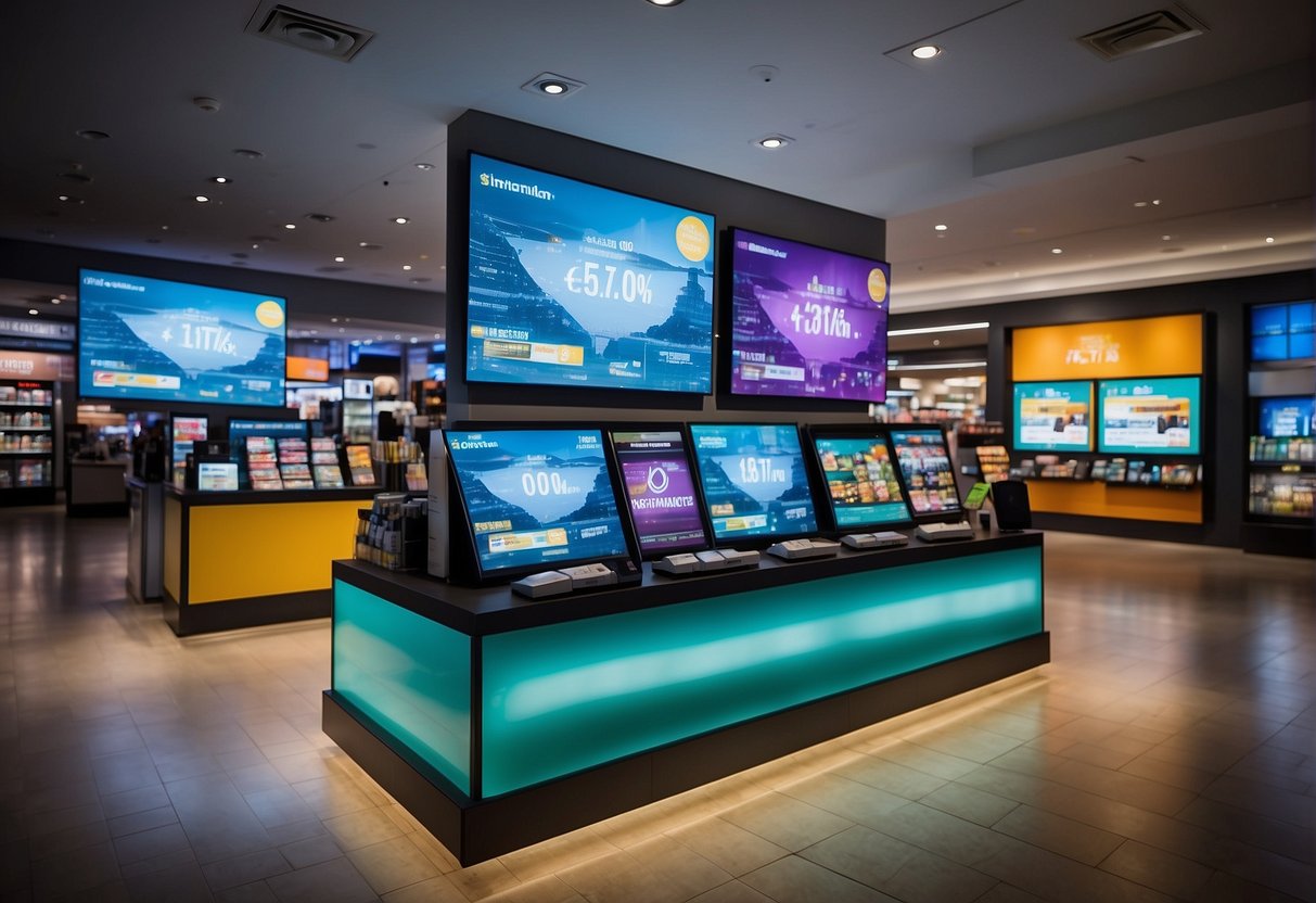 A modern, vibrant store with digital screens displaying dynamic pricing and promotion strategies. Customers engage with interactive displays and personalized offers