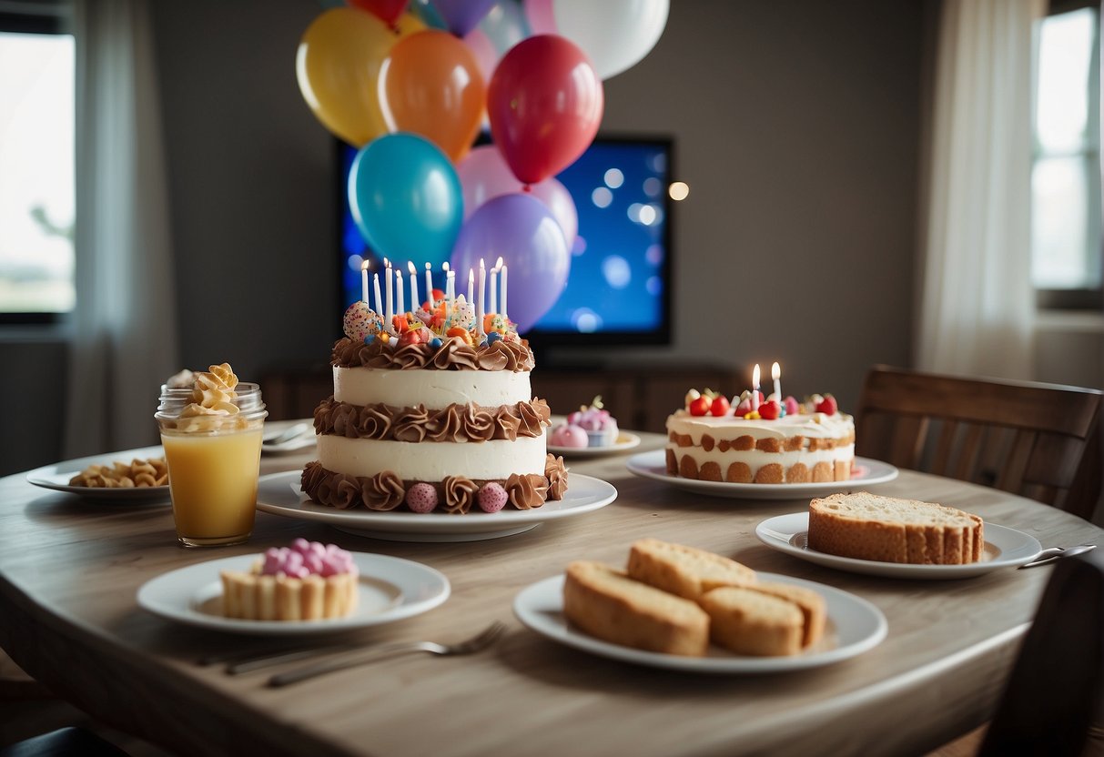 A table set with birthday cake, presents, and balloons. A TV playing a favorite movie, surrounded by cozy seating