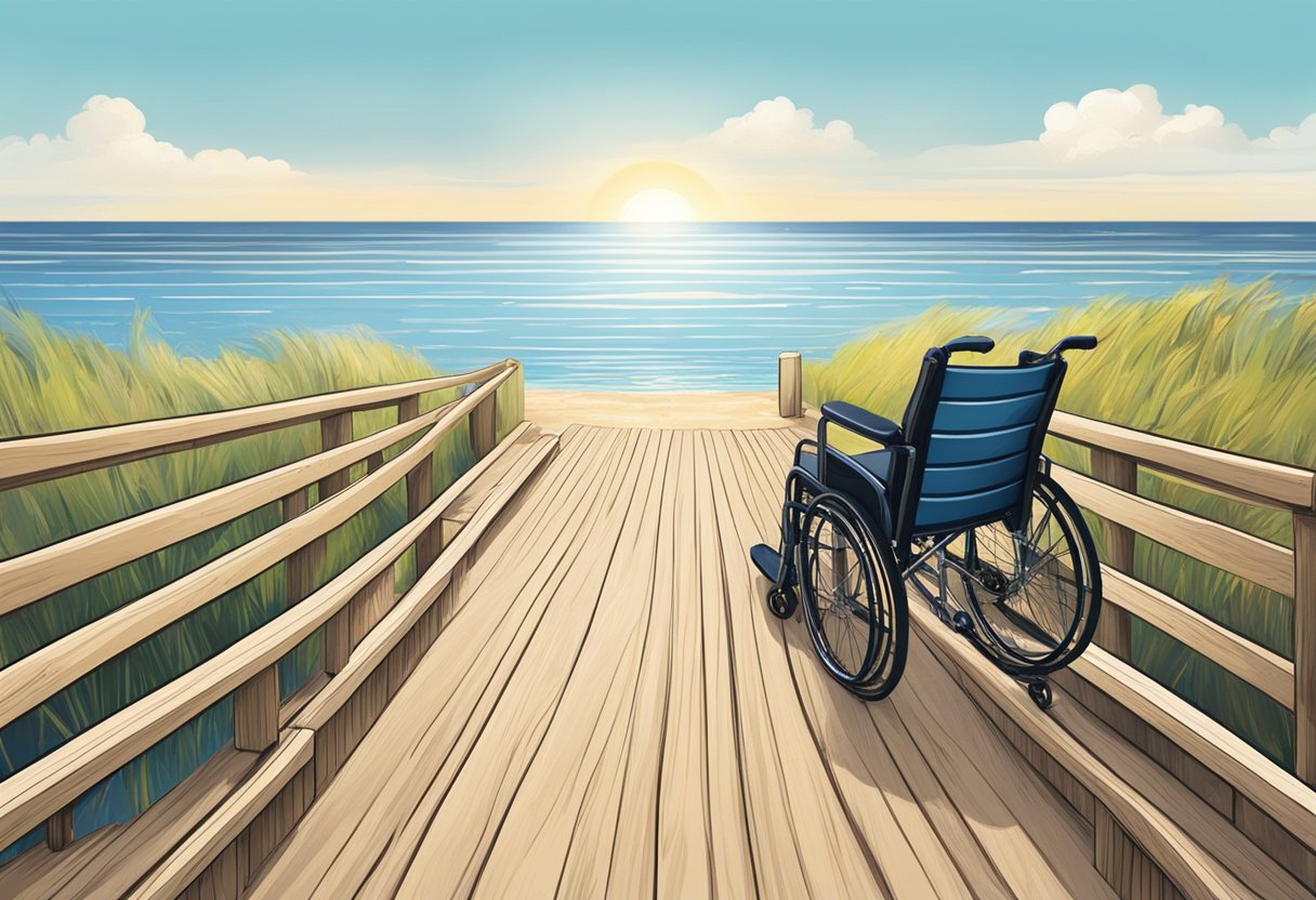 A wooden boardwalk leads to a sandy beach with a ramp. A wheelchair sits at the water's edge, with a clear path for easy access