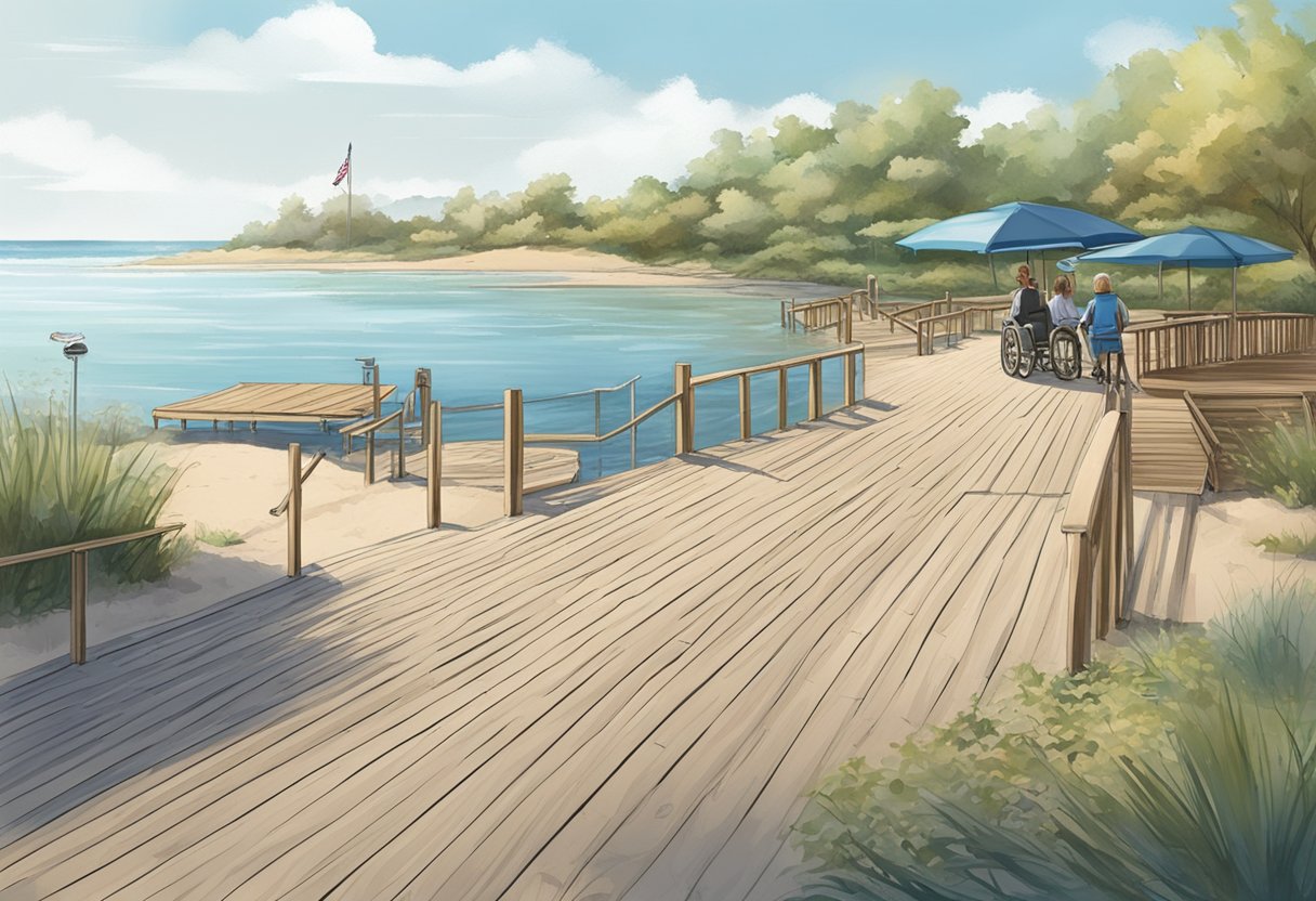 A wooden pathway leads from the parking lot to the sandy shore. A wheelchair-accessible ramp extends down to the water's edge. Beach chairs and umbrellas are positioned on the sand for easy access
