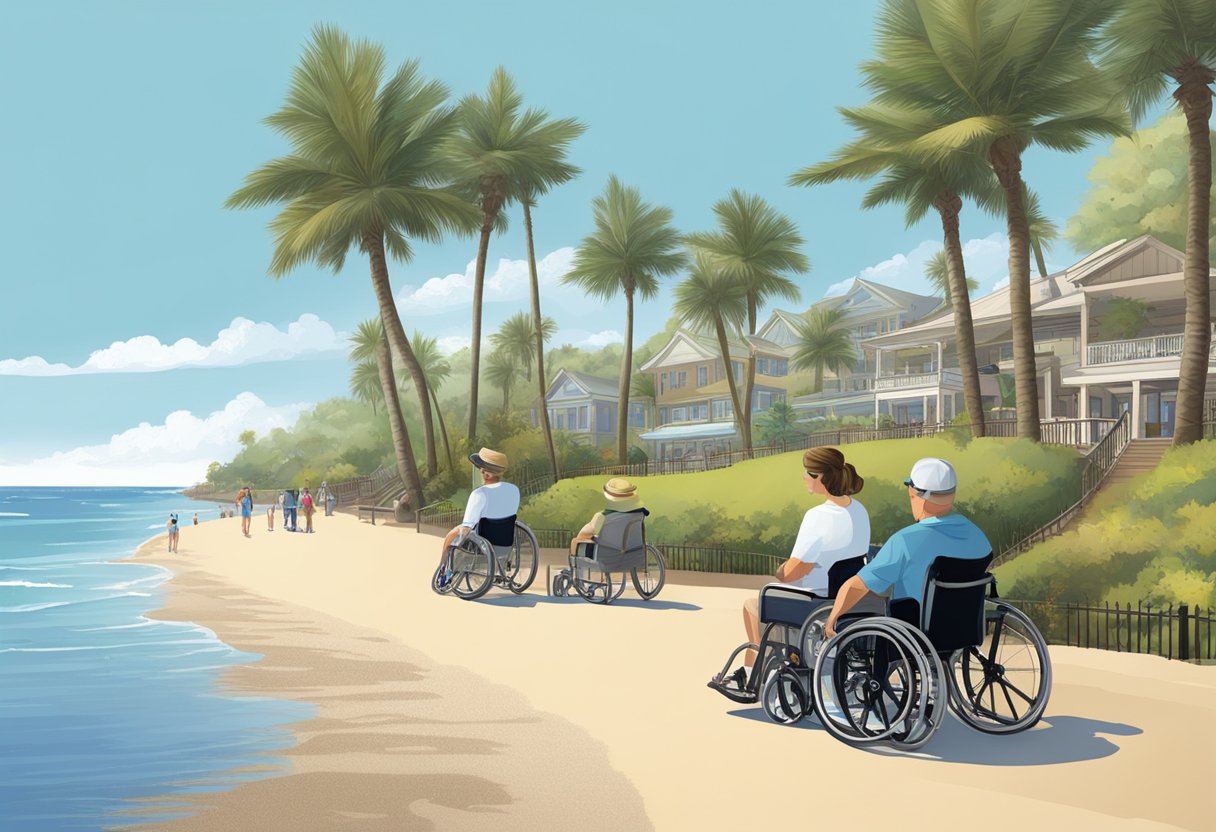 Visitors in wheelchairs enjoy a smooth, wide pathway leading to a sandy beach. Accessible amenities include ramps, boardwalks, and beach wheelchairs for a seamless seaside experience