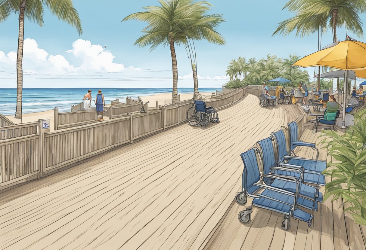 A wheelchair accessible beach with a smooth, wide boardwalk leading to the shore. The beach has designated accessible parking spaces and ramps, with beach wheelchairs available for use