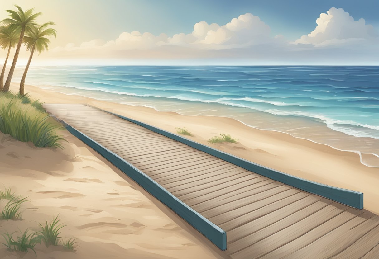 A wooden ramp leads from the boardwalk to the sandy beach, with a wheelchair symbol prominently displayed. A beach mat extends into the distance, providing a smooth pathway for wheelchair users to access the water's edge