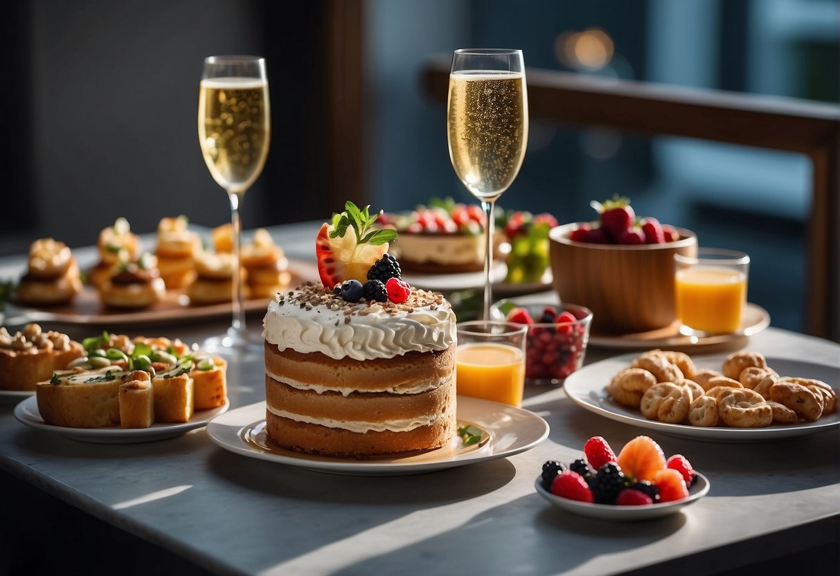 A table adorned with a variety of food and drink options, including a colorful birthday cake, champagne glasses, and an assortment of appetizers