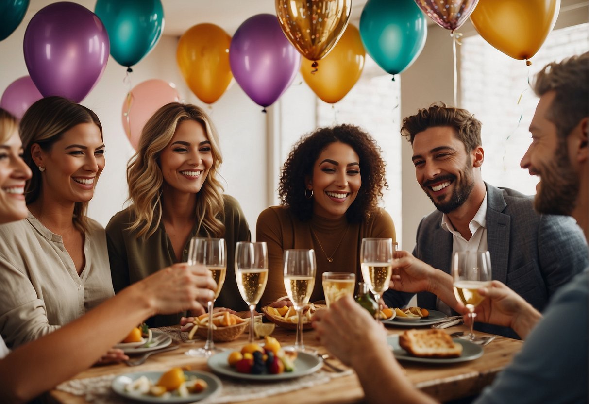 A group of friends and family gather around a beautifully decorated table, toasting with champagne and sharing laughter and stories. The room is filled with balloons, confetti, and a large "50" birthday banner, creating a festive and celebratory atmosphere