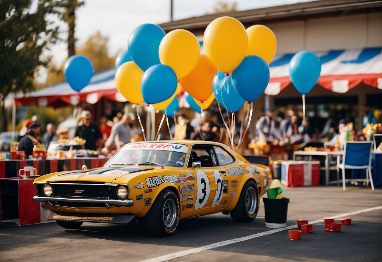 Pit stop adorned with festive banners, balloons, and checkered flags. Tables set with race car themed decorations and party favors