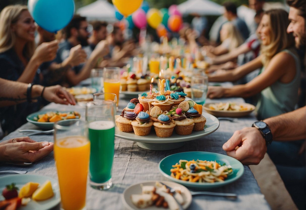 A table adorned with colorful plates of food and drinks, surrounded by excited race crew members celebrating a birthday