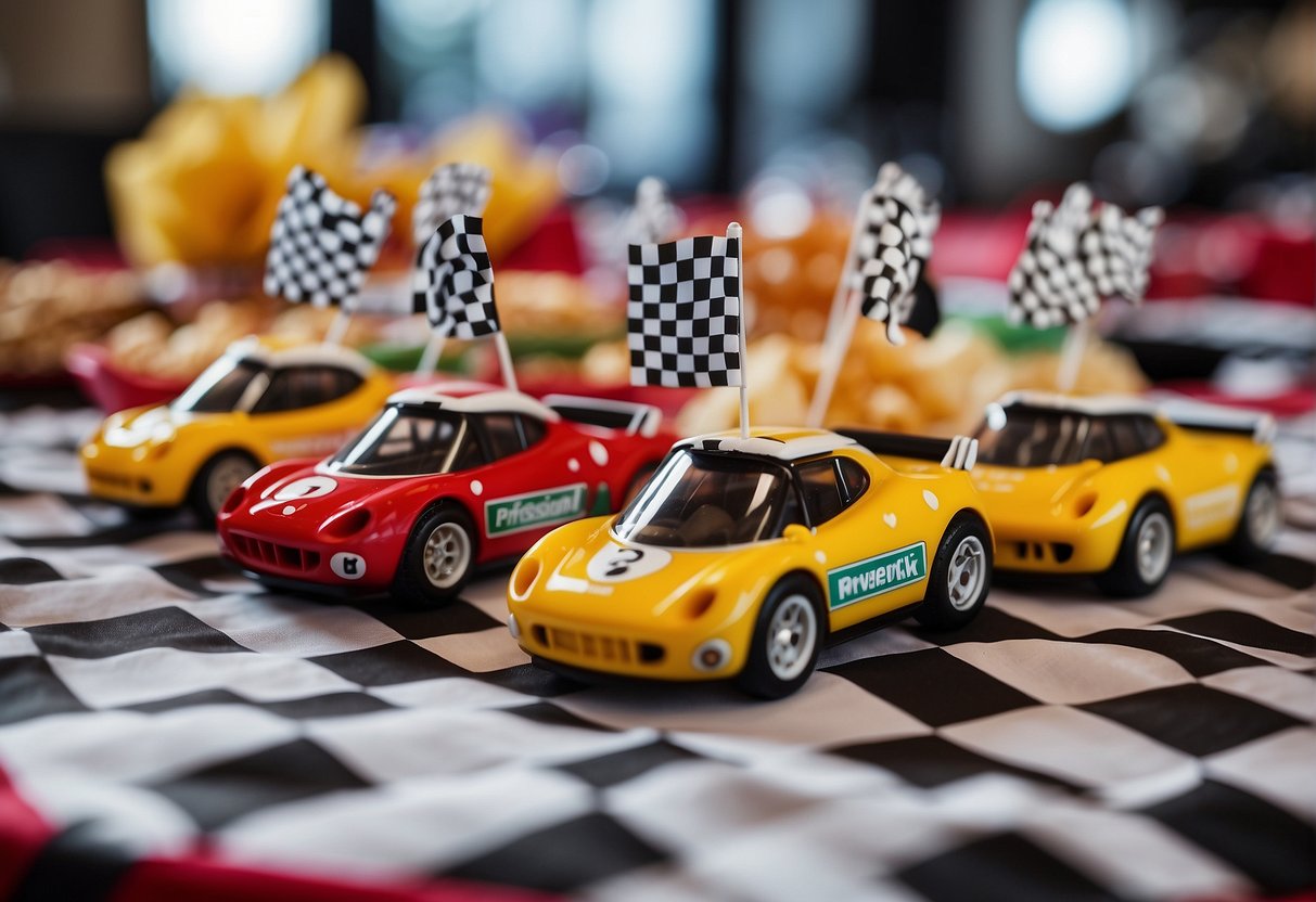 Colorful F1 race car themed party favors displayed on a table with checkered flags and race track decorations in the background