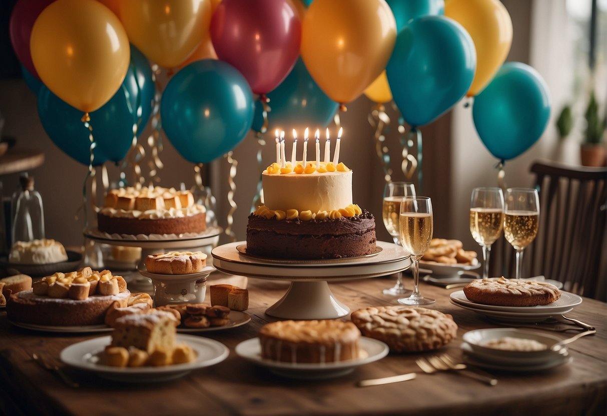 A festive table with balloons, cake, and presents. Guests laughing and toasting. A banner reads "Happy 51st Birthday."