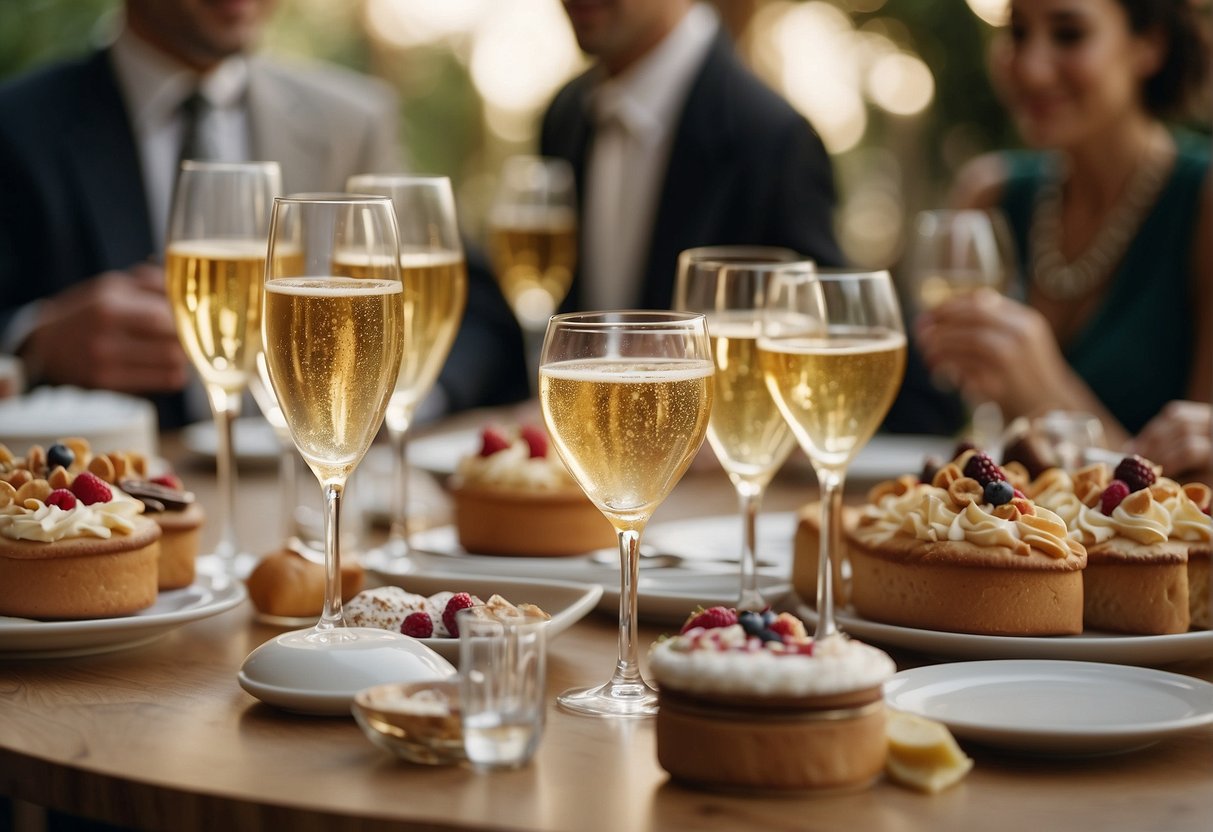 A table adorned with decadent desserts and champagne, surrounded by friends laughing and toasting to celebrate Epicurean Delights' 51st birthday