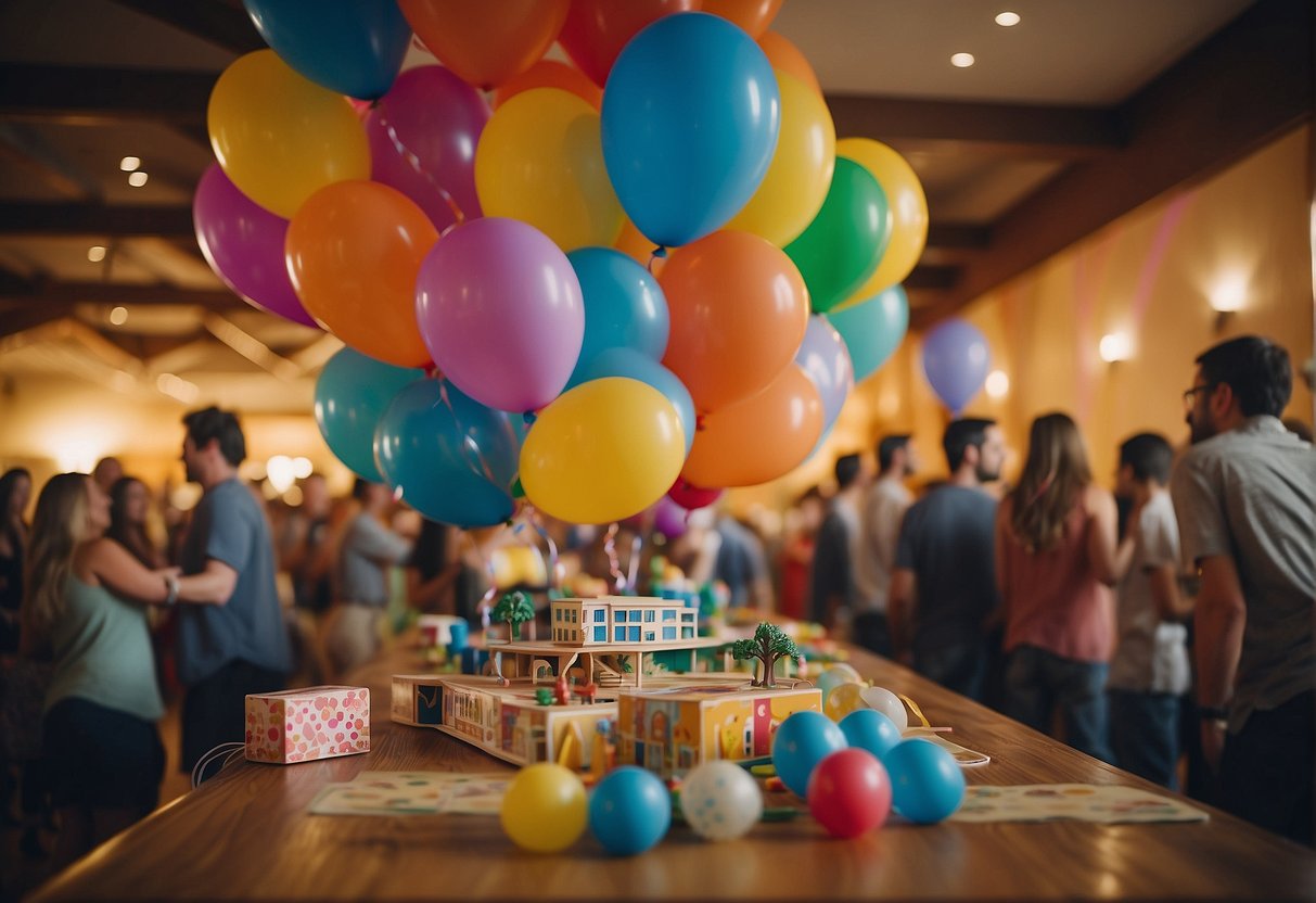 A colorful array of board games and party decorations fill the room, with balloons and streamers adding to the festive atmosphere. Tables are set up with various game stations, and a lively group of guests are seen enjoying the activities