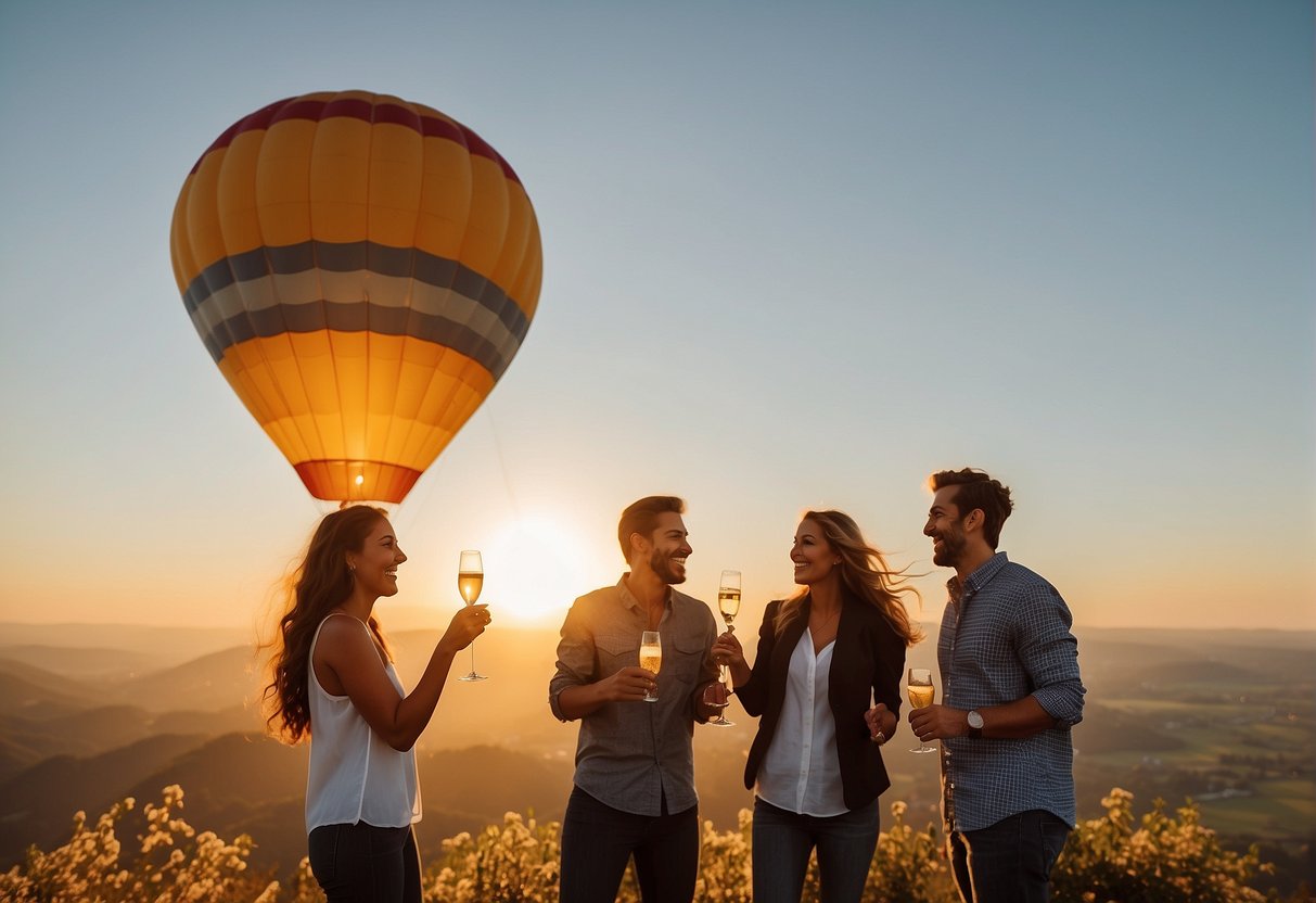 A group of friends laughing and toasting with champagne at a scenic overlook. A hot air balloon floats in the distance as the sun sets over a picturesque landscape