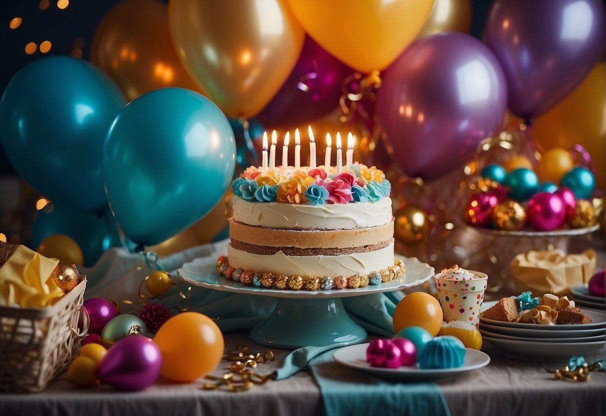 A festive table with a birthday cake, colorful decorations, and wrapped gifts. Balloons and streamers add to the celebratory atmosphere