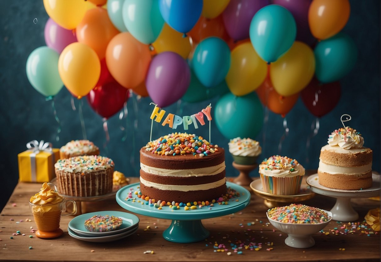 A colorful table set with balloons, confetti, and a cake. Presents and cards scattered around. A banner reading "Happy 52nd Birthday!" hangs on the wall