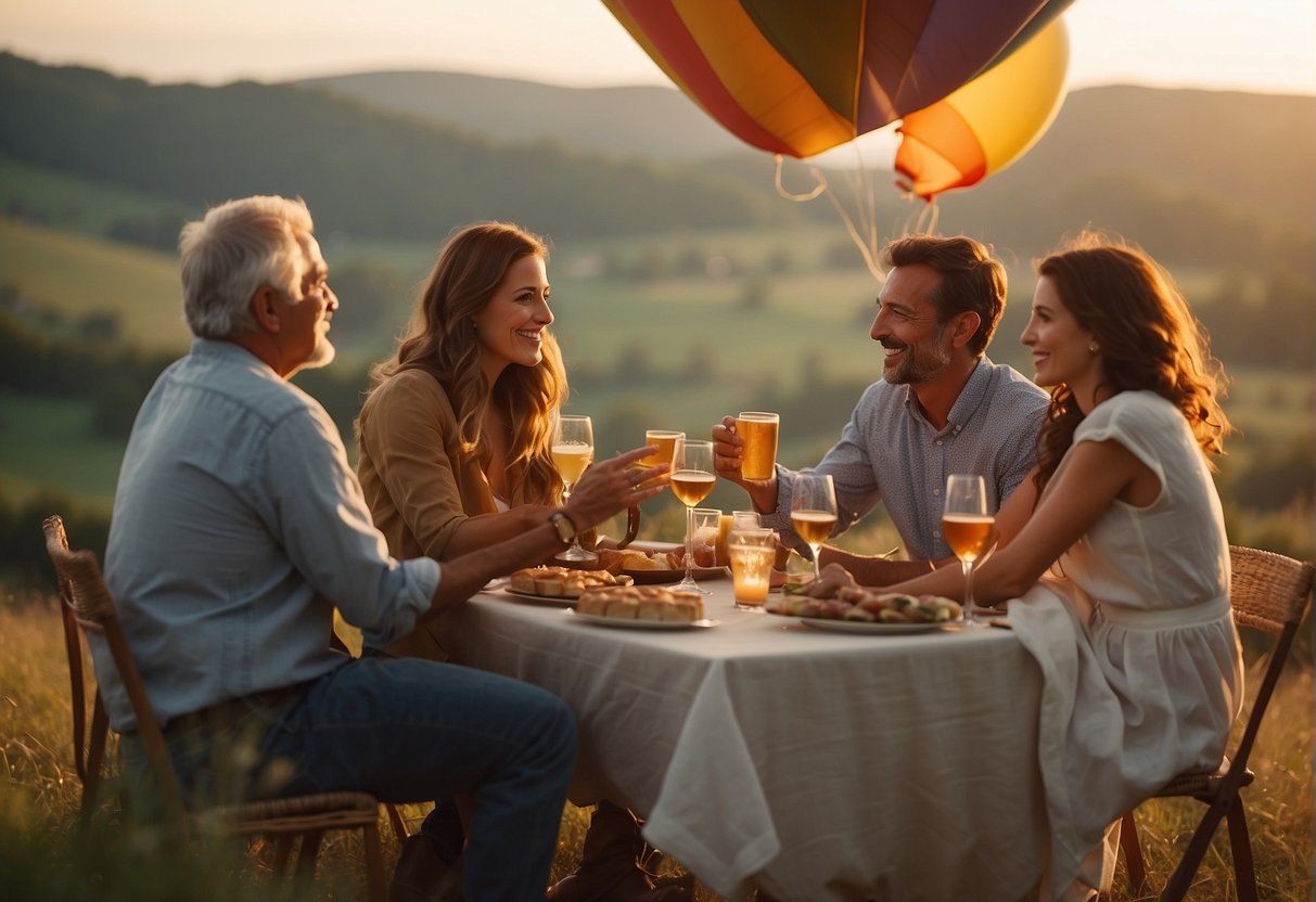 A group of friends celebrating a 52nd birthday with a hot air balloon ride at sunrise, followed by a gourmet picnic in a picturesque countryside setting