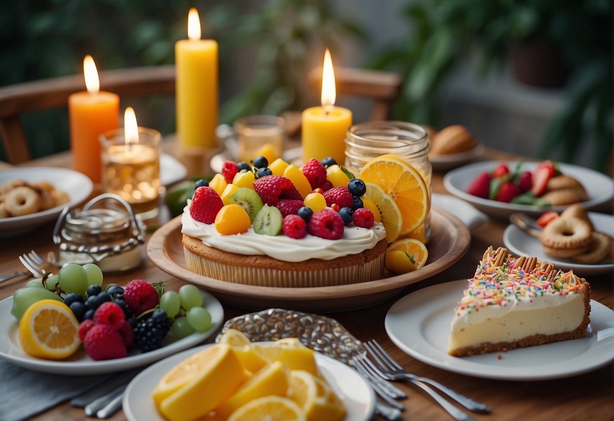 A table set with a colorful array of food and drinks, surrounded by festive decorations and a birthday cake with 52 candles