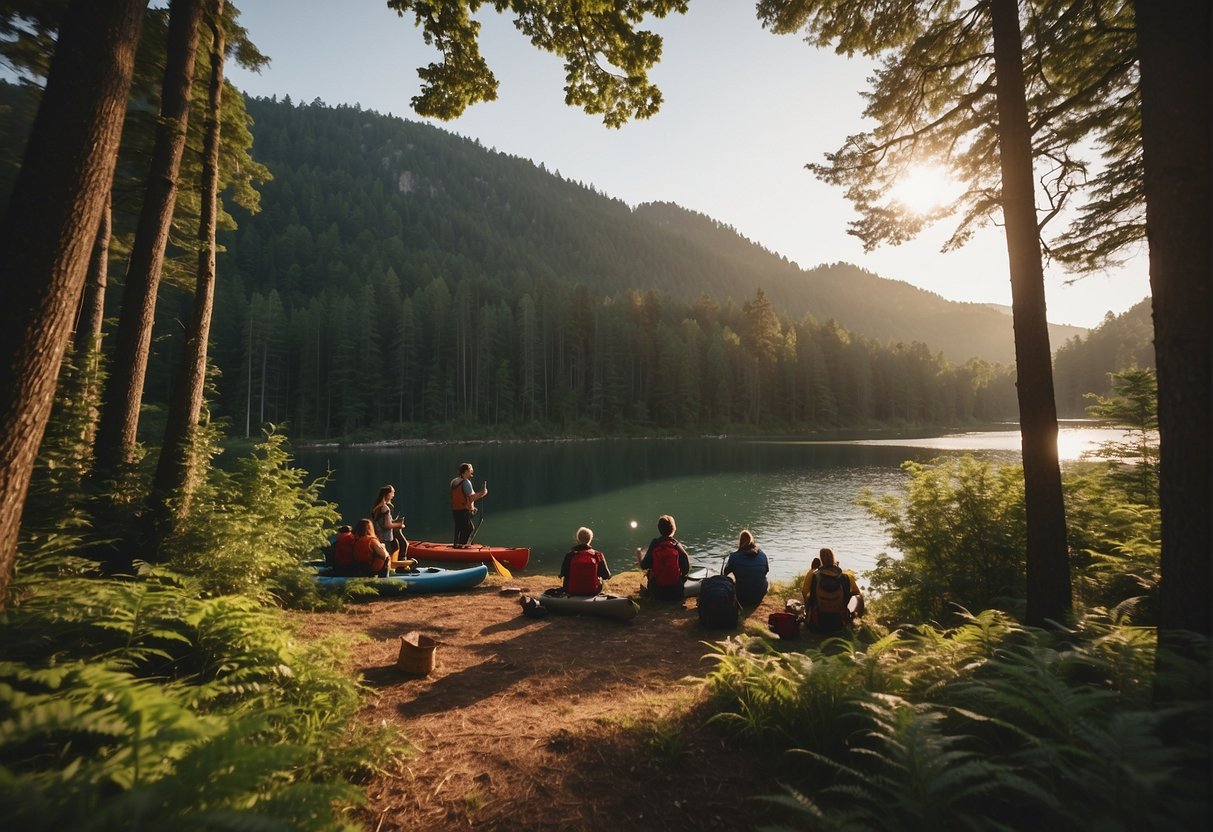 A group of people are hiking through a lush forest, while others are kayaking on a serene lake. Some are gathered around a campfire, roasting marshmallows, and others are birdwatching in the treetops