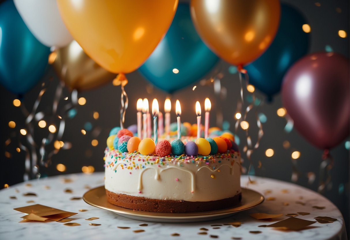 A festive table with a birthday cake, balloons, and confetti. Gifts and cards scattered around. Guests chatting and laughing