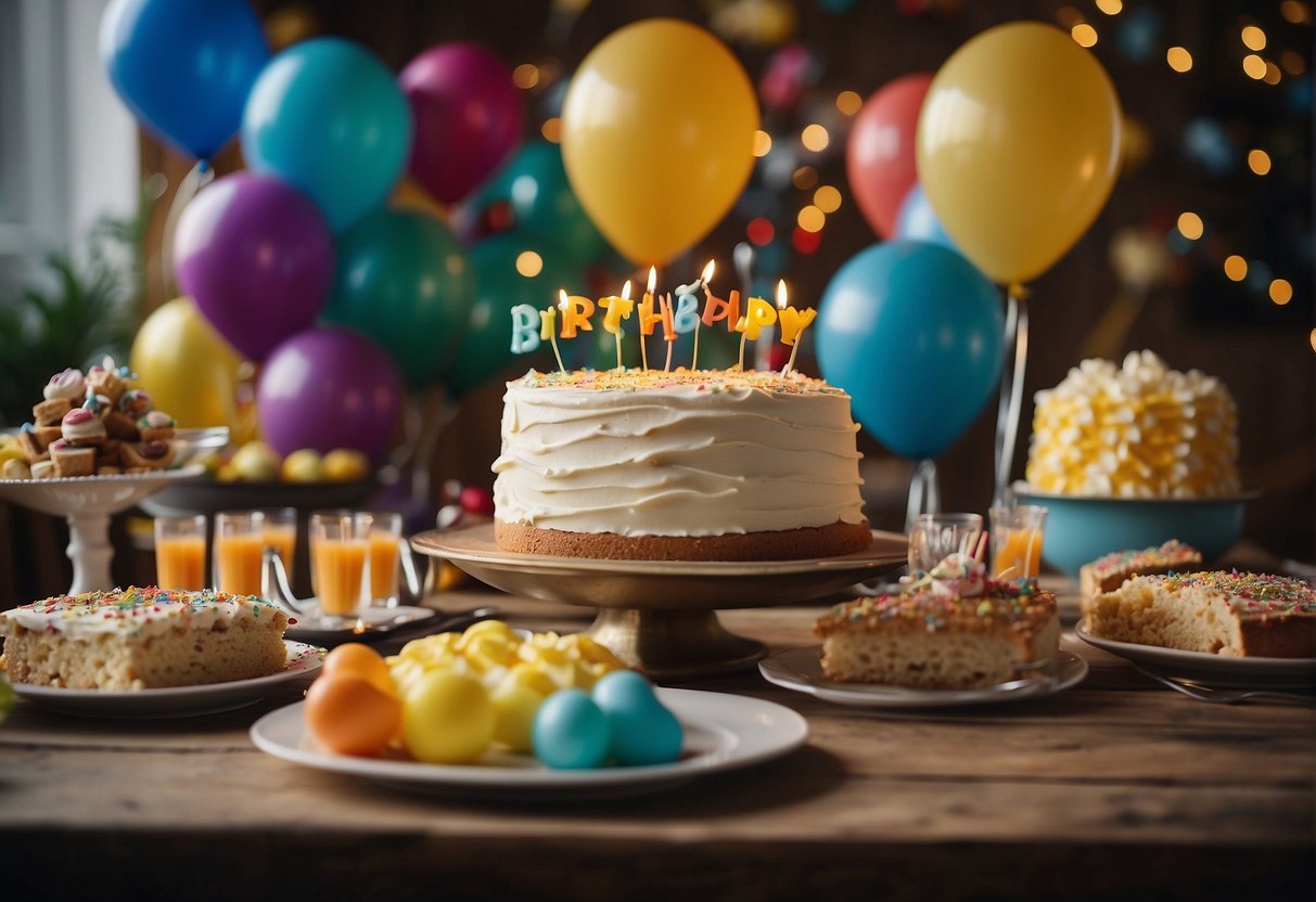 A colorful party banner hangs above a table filled with birthday cake, balloons, and gifts. Guests mingle and laugh, raising their glasses in celebration