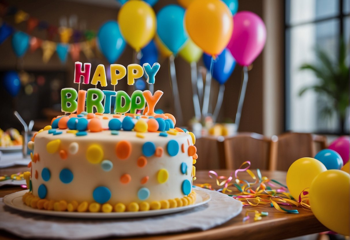 Guests decorate with balloons, streamers, and banners. Tables set with colorful tablecloths, plates, and party hats. A cake with "Happy 53rd Birthday" written on top