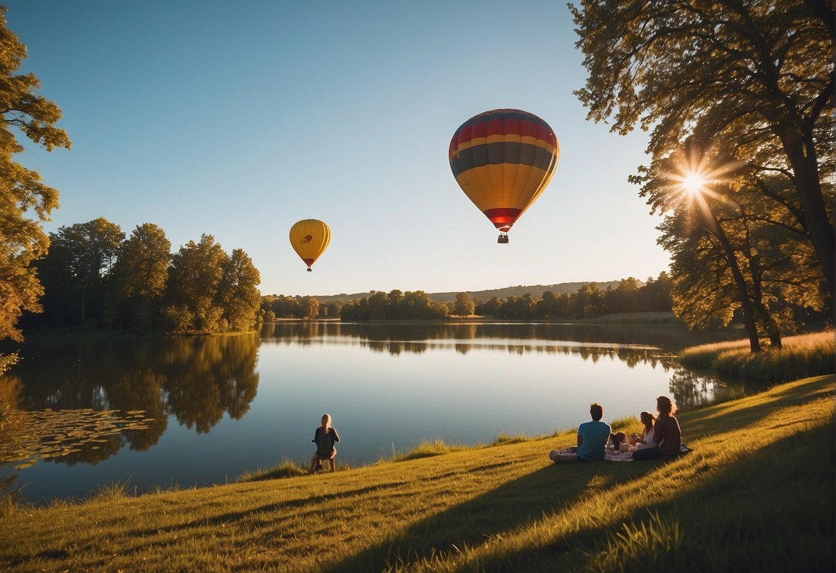 A colorful hot air balloon rises above a serene lake, while a group of friends enjoy a picnic on the grassy shore. The sun shines brightly in the clear blue sky, creating a perfect backdrop for a day of celebration