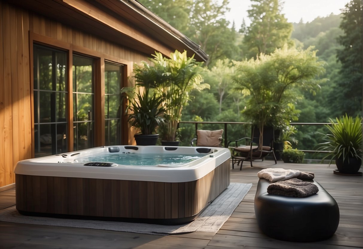 A serene spa setting with a hot tub, massage table, and yoga mat surrounded by lush greenery and calming music