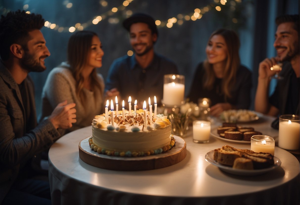 A group of friends gather around a beautifully decorated table with a cake and presents, while a musician plays live music in the background