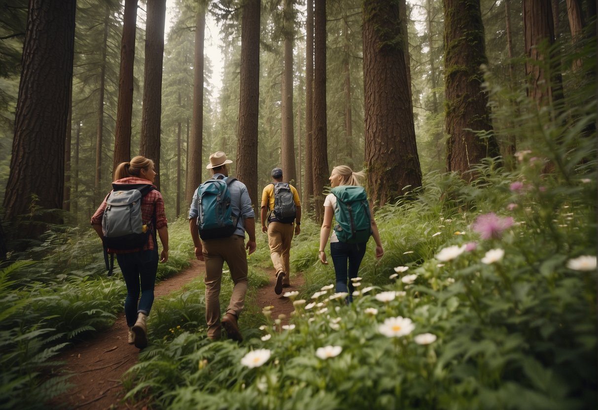 A group of friends hike through a lush forest, surrounded by towering trees and vibrant wildflowers, as they celebrate a 54th birthday with adventure