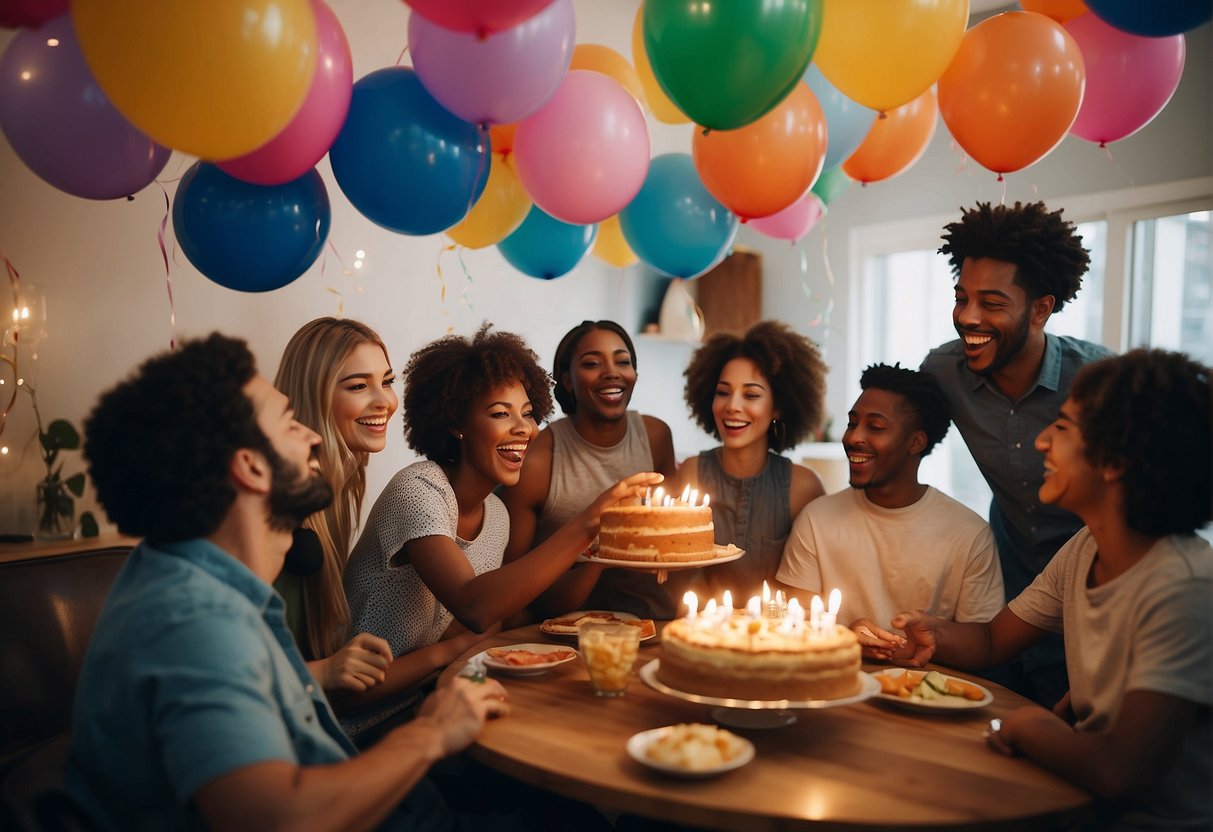 A colorful party with balloons, a cake, and games. A group of friends and family enjoy music, laughter, and good food