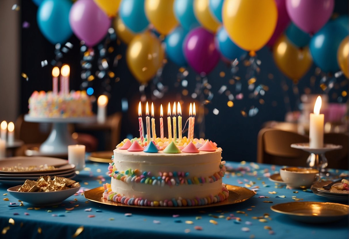 A table set with a colorful array of party hats, streamers, and a large cake with 54 candles lit. Balloons and confetti fill the air as friends and family gather to celebrate