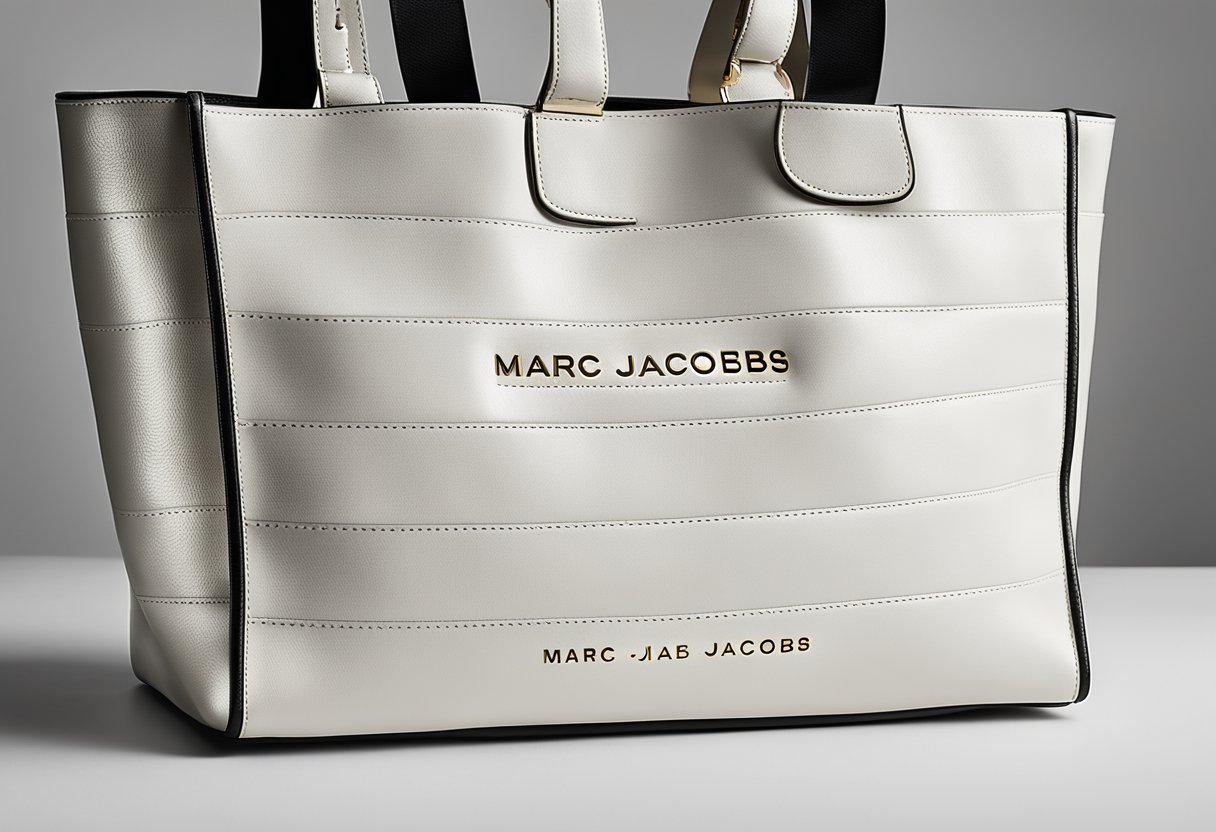 A sleek black tote bag with the iconic Marc Jacobs logo is displayed on a clean, white background. The bag is structured and stylish, with gold hardware and a subtle embossed brand name