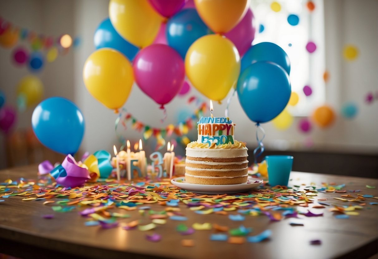 A colorful banner reads "Happy 55th Birthday" as confetti falls around a table filled with cake, balloons, and presents. Streamers and party hats add to the festive atmosphere