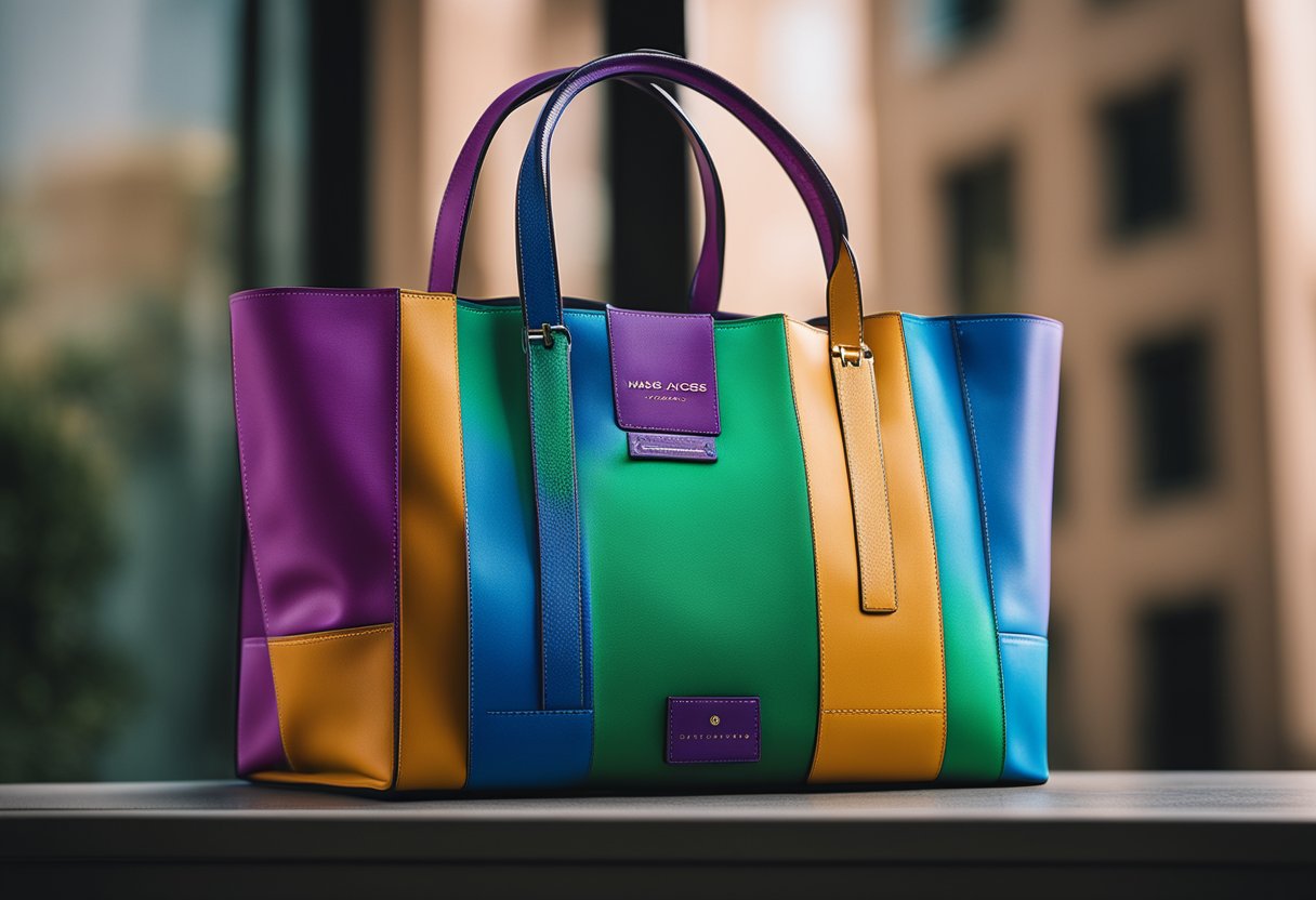 A stylish tote bag with bold, vibrant colors and a sleek, modern design featuring the iconic Marc Jacobs logo prominently displayed