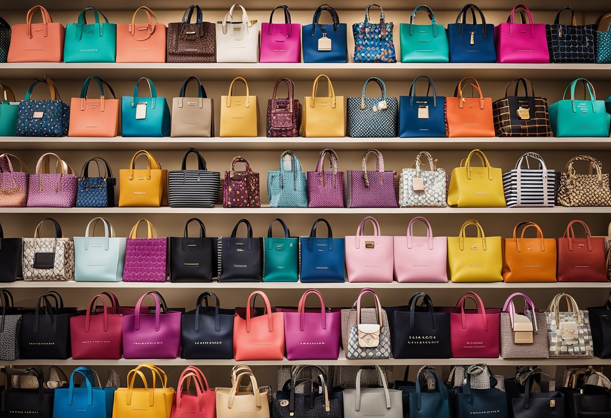 A colorful array of Marc Jacobs tote bags arranged neatly on a display shelf, showcasing the various designs and patterns available in the collection