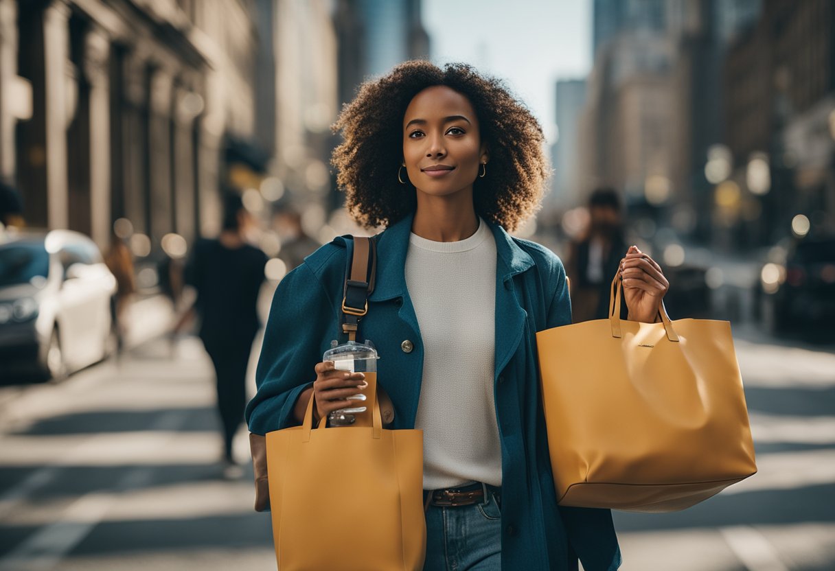 A woman carries a Marc Jacobs tote bag filled with groceries, a book, and a reusable water bottle while walking through a bustling city street