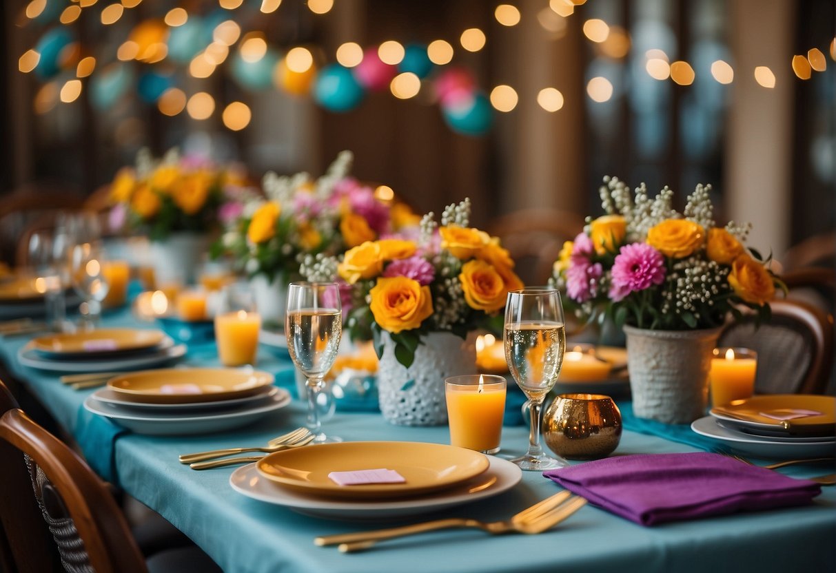 A table set with elegant place settings, surrounded by colorful decorations and a banner reading "55th Birthday." A schedule of activities is displayed nearby