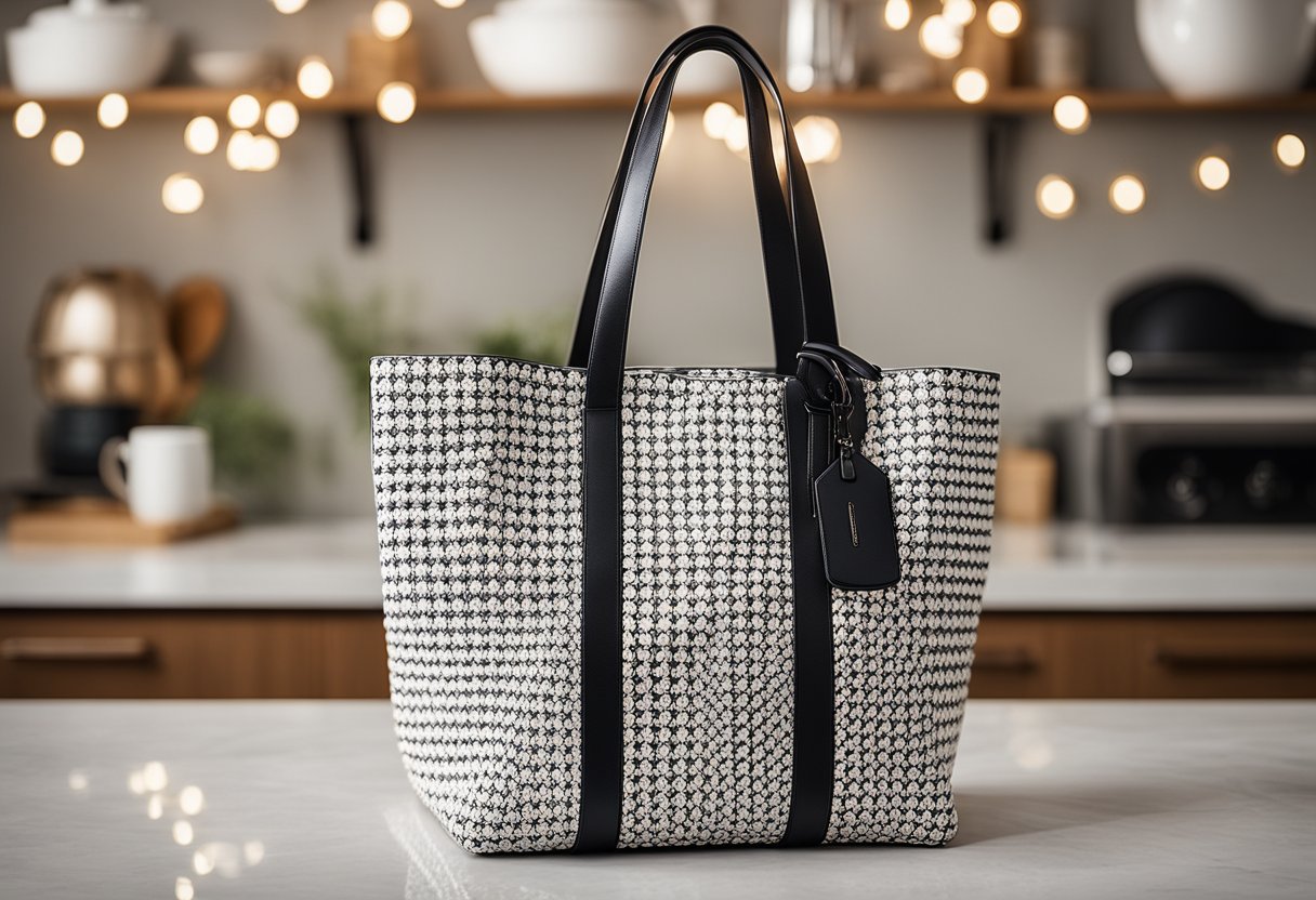 A stylish tote bag by Marc Jacobs displayed on a clean, modern countertop with glowing customer reviews and testimonials in the background