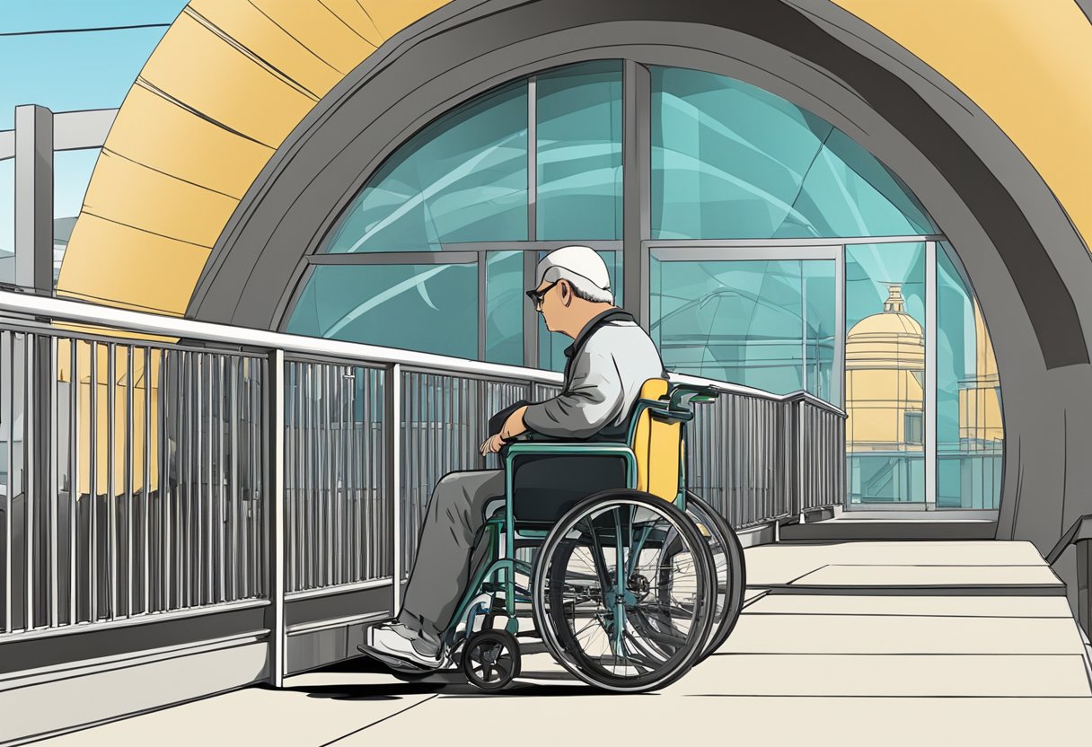A person in a wheelchair navigating a ramp with handrails