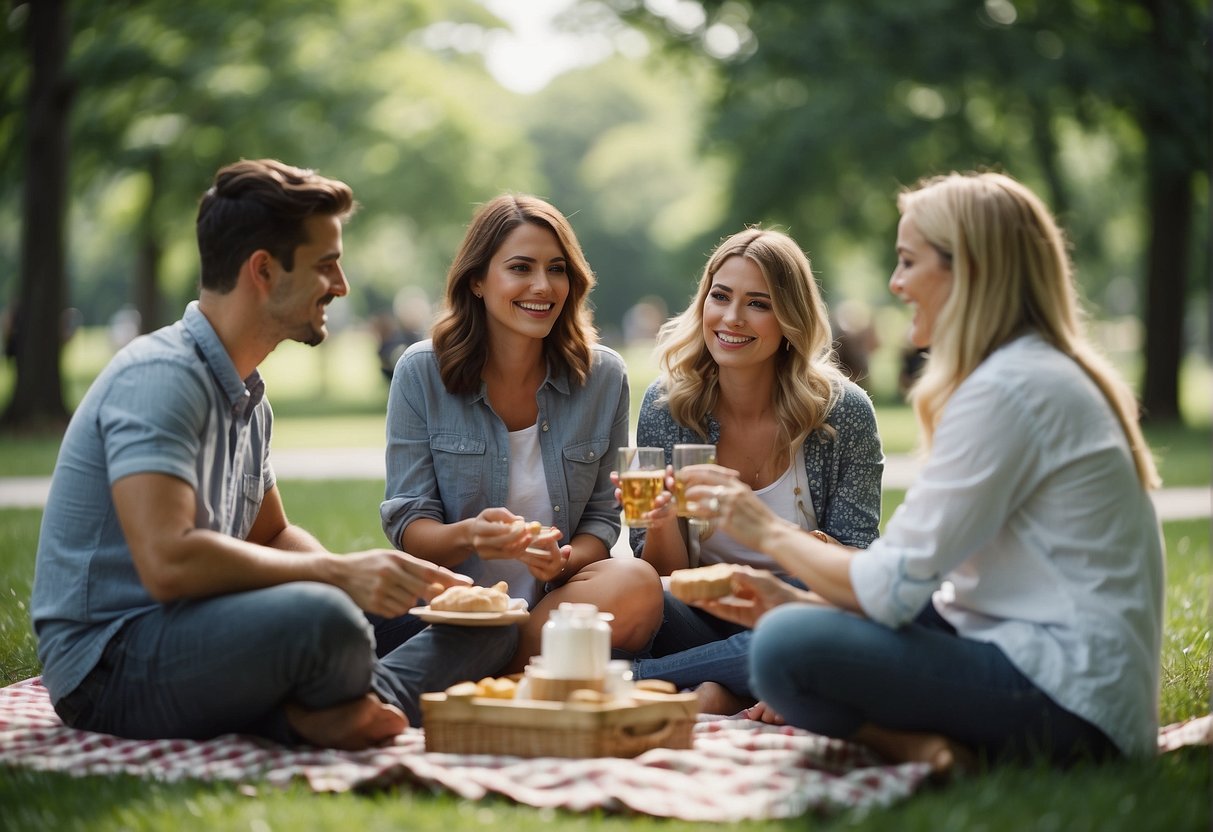 A group of friends gather for a picnic in a scenic park, playing games and enjoying a variety of unique activities to celebrate a 55th birthday